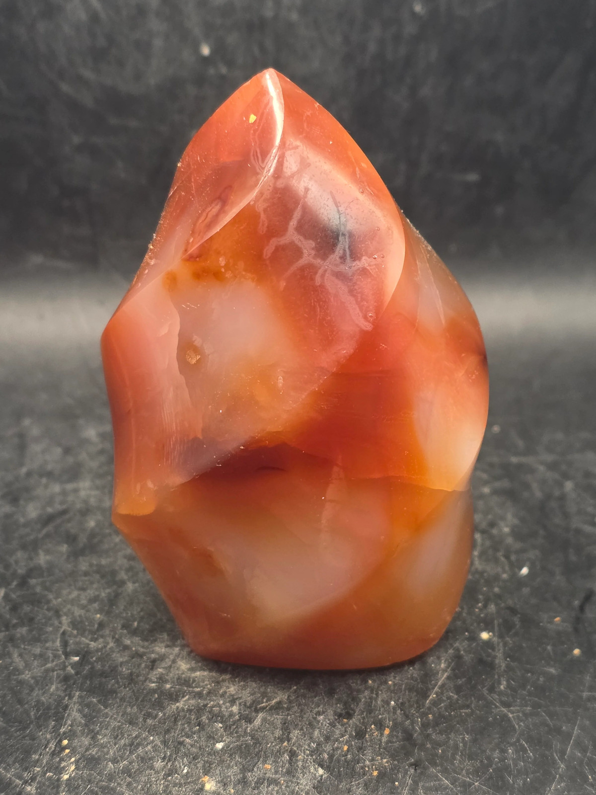 Carnelian agate flame tower! 10 ounces, 3.2 inches tall, 2.2″ wide!