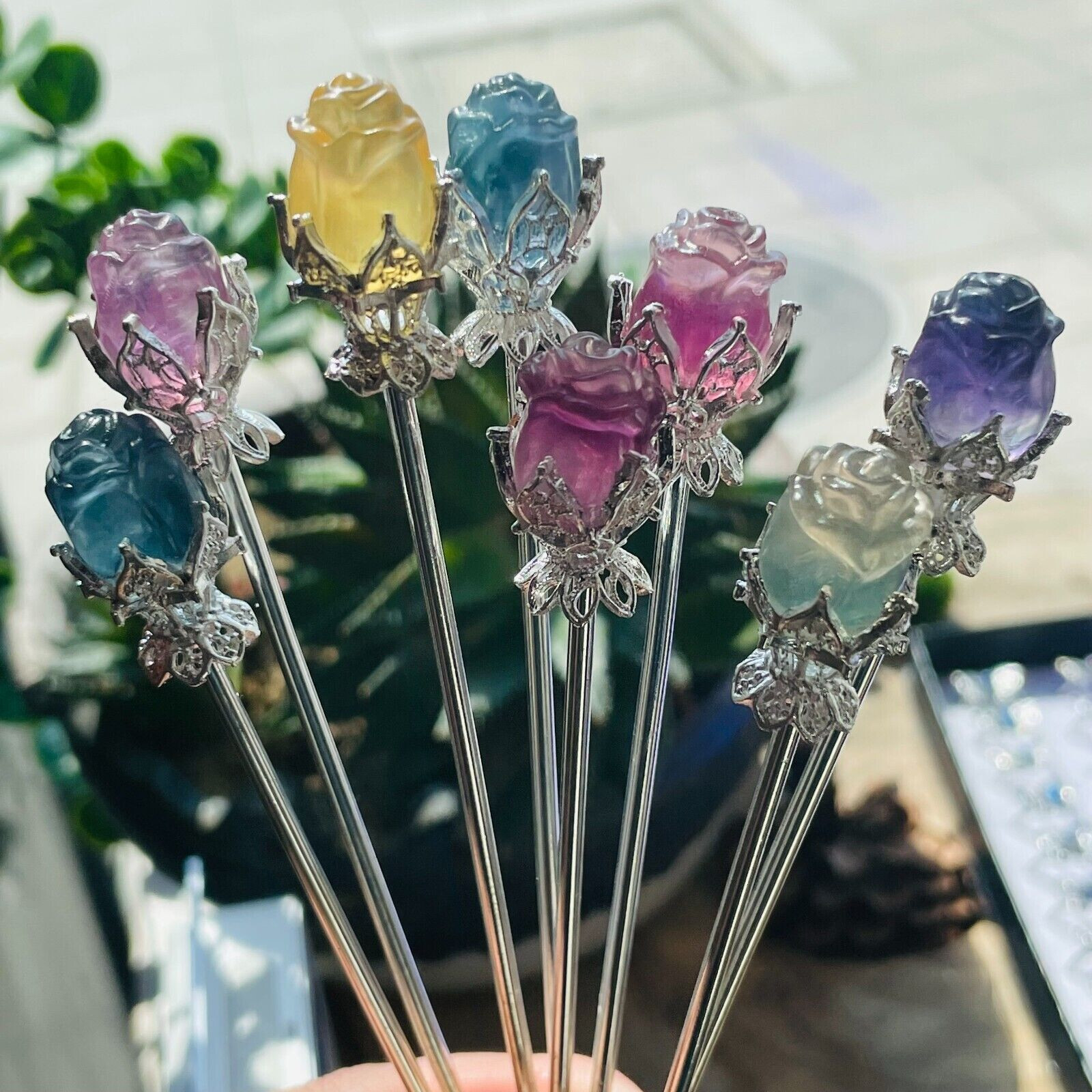 5pc Natural fluorite carved rose hairpin quartz crystal reiki healing random