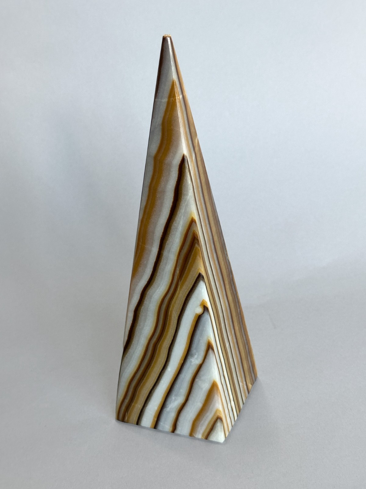 Stunning Rare 9 in. Banded Onyx/Calcite Obelisk Pyramid Stone