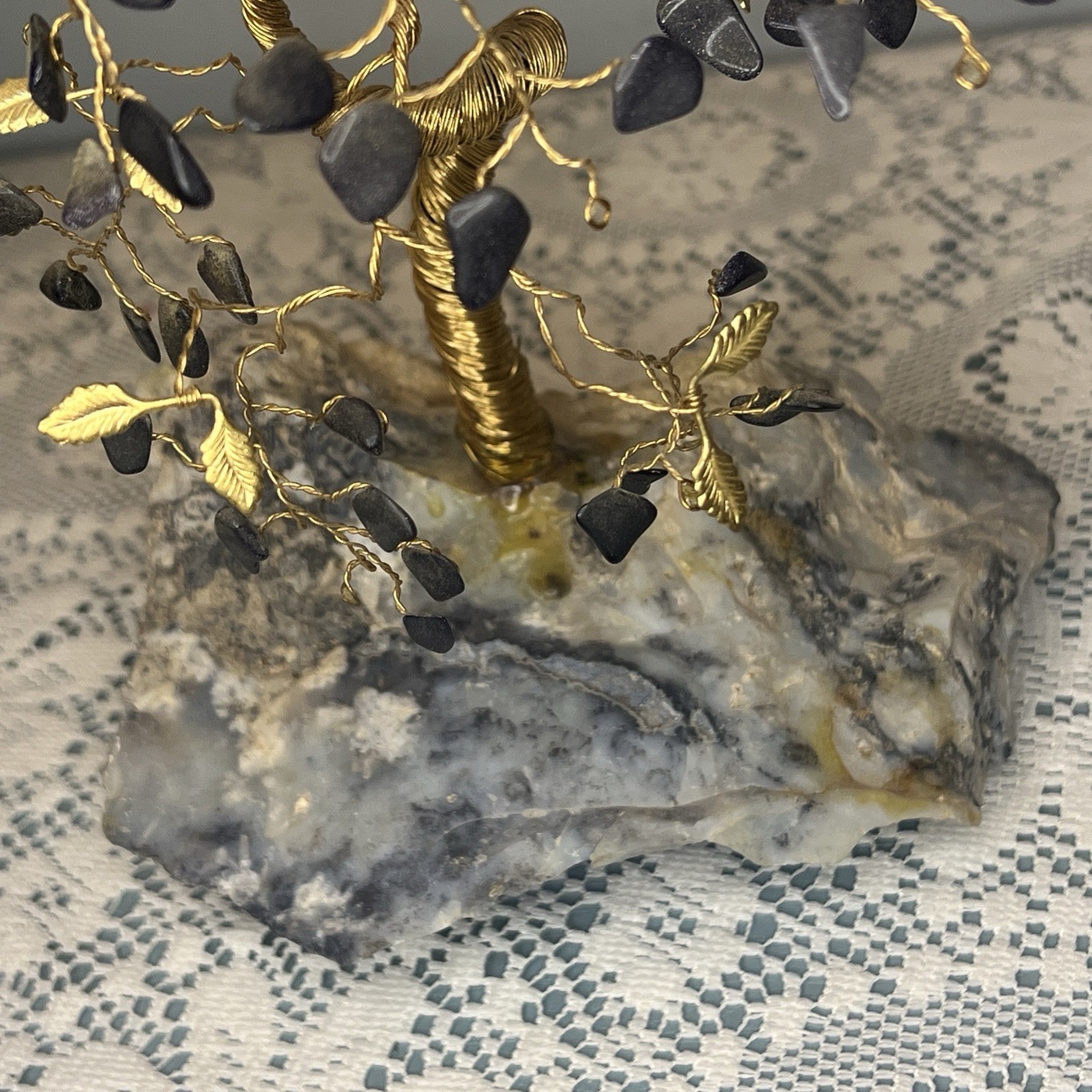 Vintage MCM Gemstone Twisted Brass Wire Tree of Life Bonsai – V3