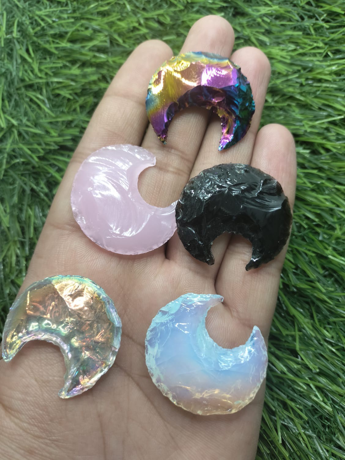 5 Pcs Opalite Obsidian Angel Aura Rose Quartz Crescent Moon Aura Crystals Stone