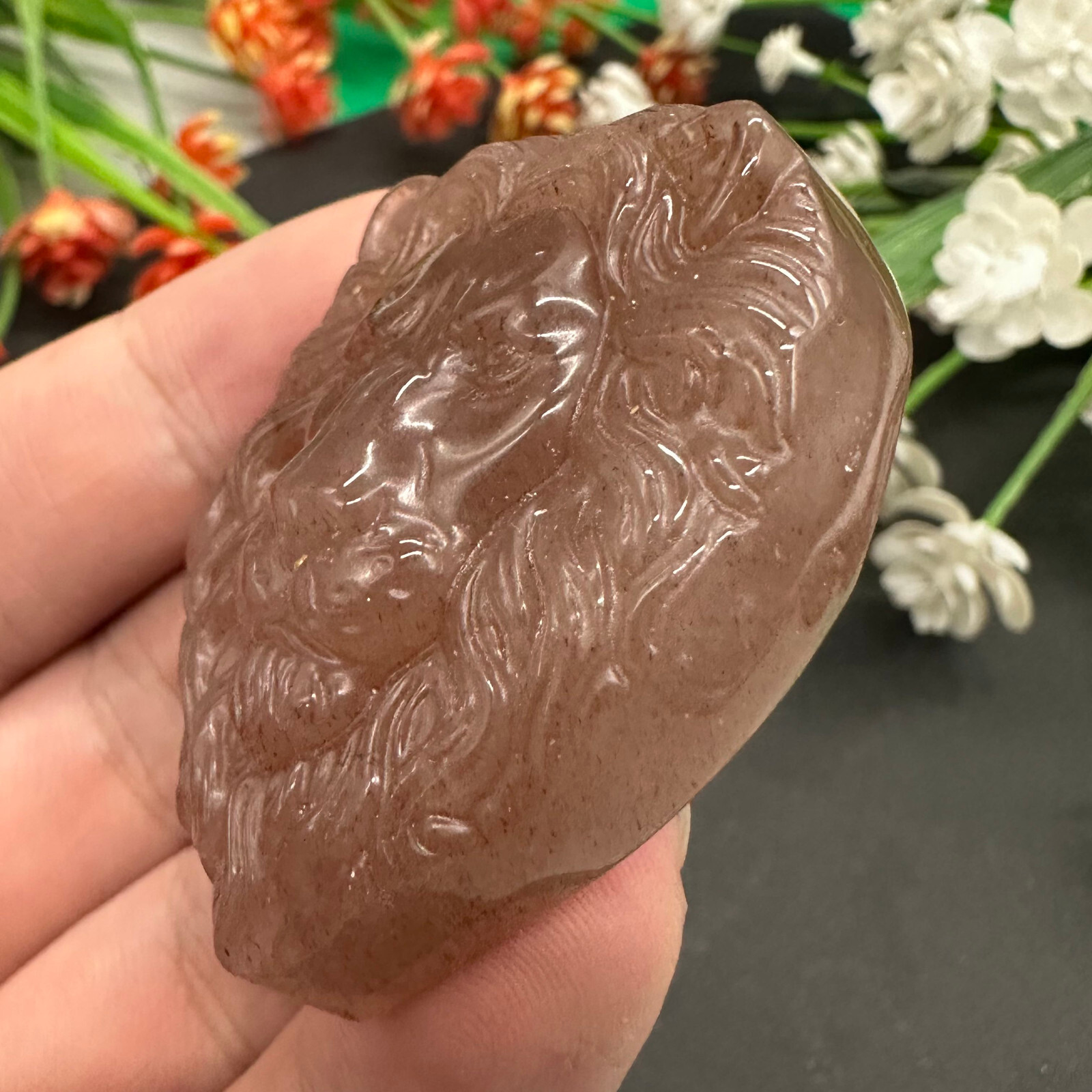 Natural Strawberry Quartz Hand Carved Lion Skull Quartz Crystal Reiki Healing 1p