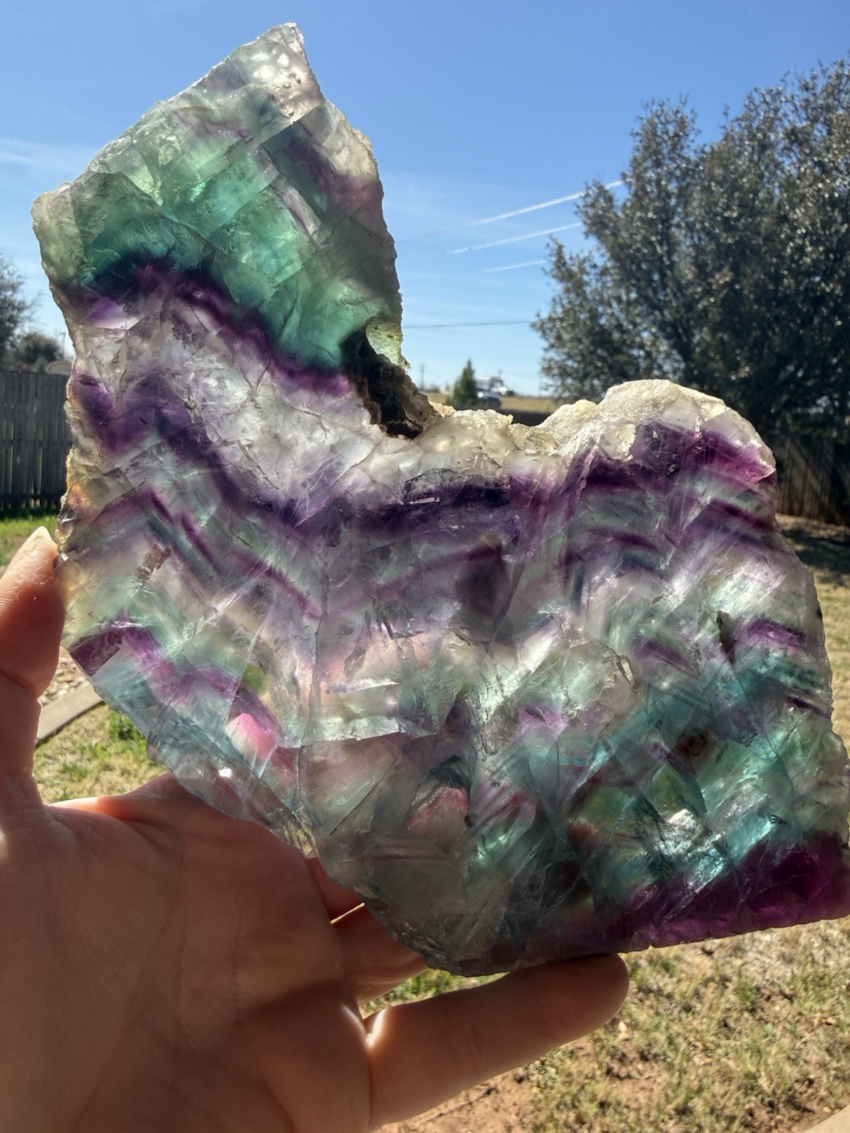 Rainbow Crystal Fluorite Chevron Slab with Stand 2lb 1oz Blue Purple Green Rare
