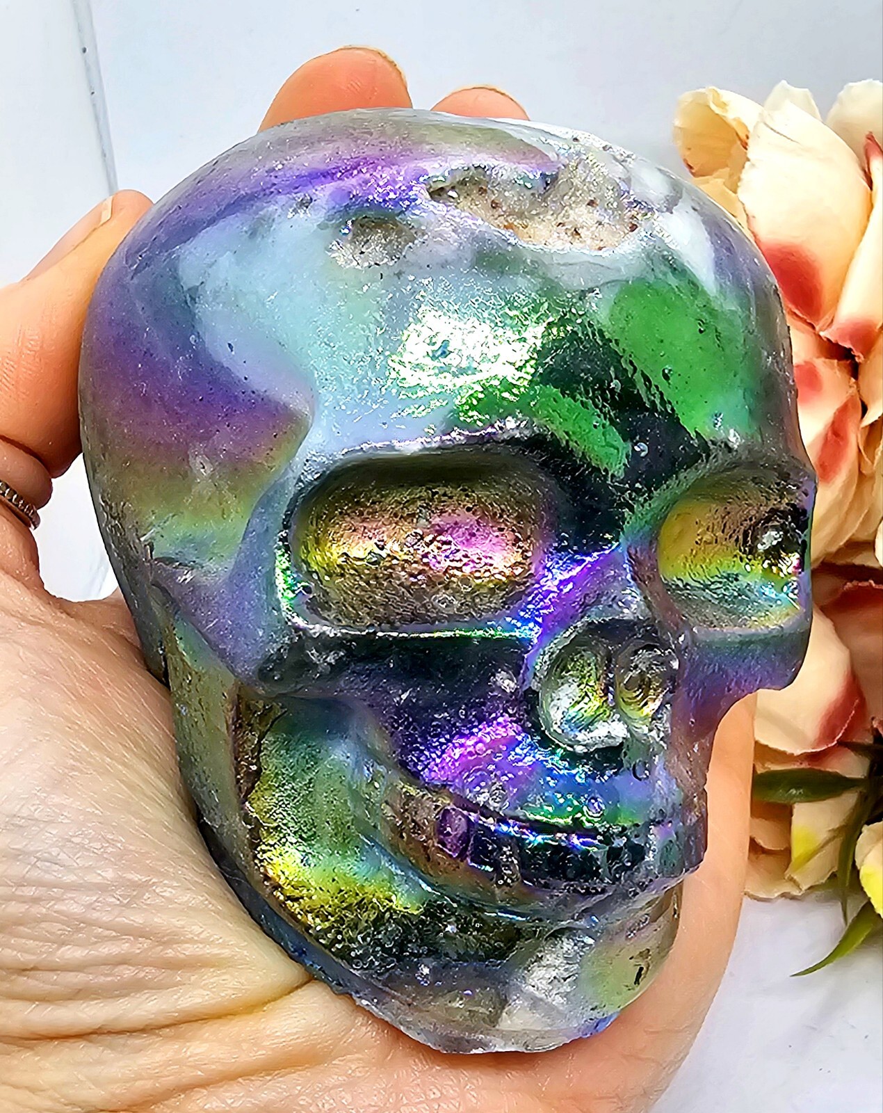 *SALE* Druzy Titanium Rainbow Aura sphalerite crystal Skull Angel Aura 480g 7cm