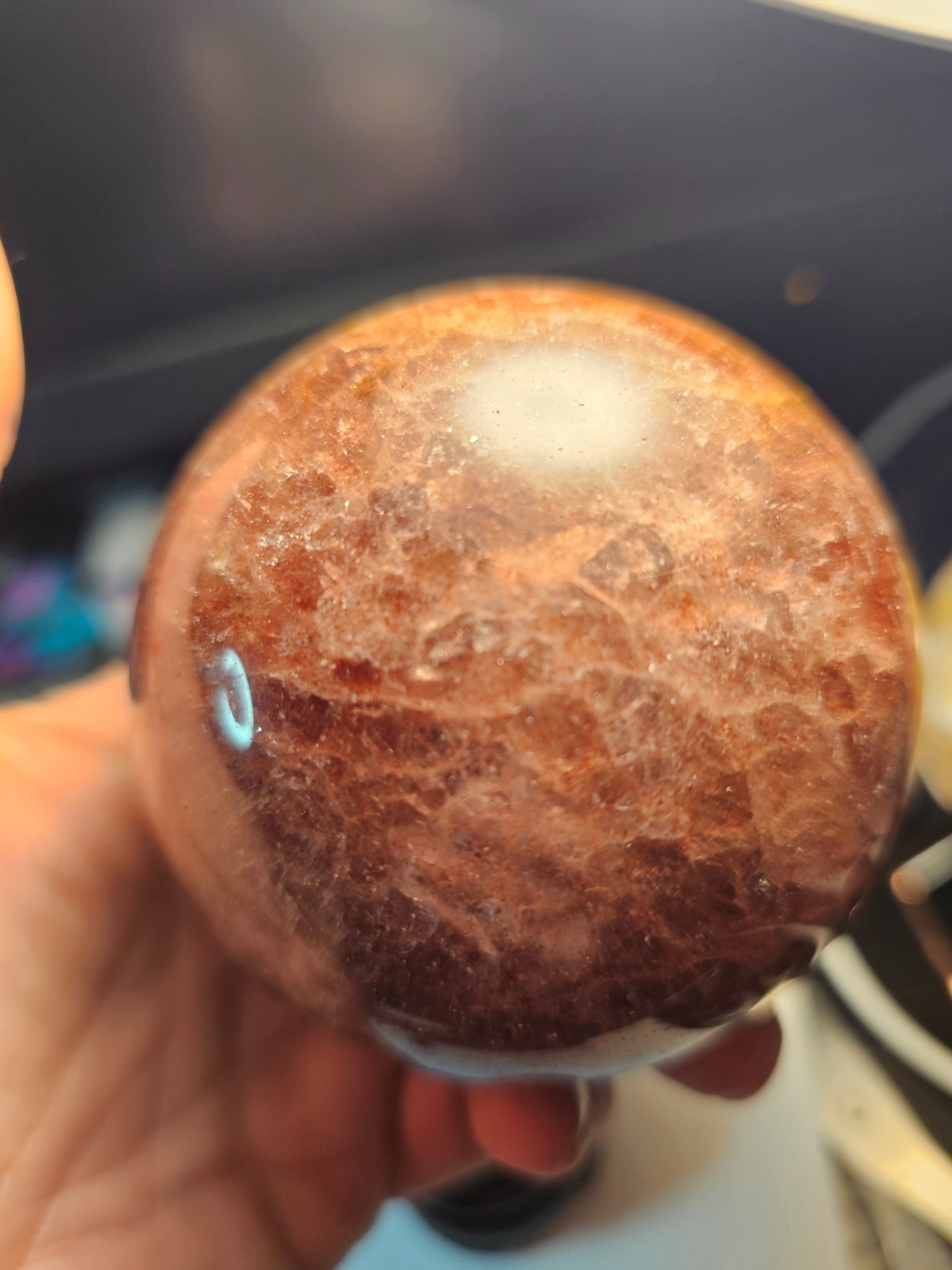 Large 74mm Sunstone Crystal Sphere – 21.45oz Sparkly Red-Orange Shimmer Orb