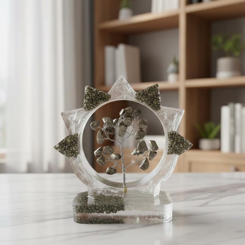 Pyrite Gemstone Tree Home Decor, Resin Circle Window with Pyrite Chip Bonsai