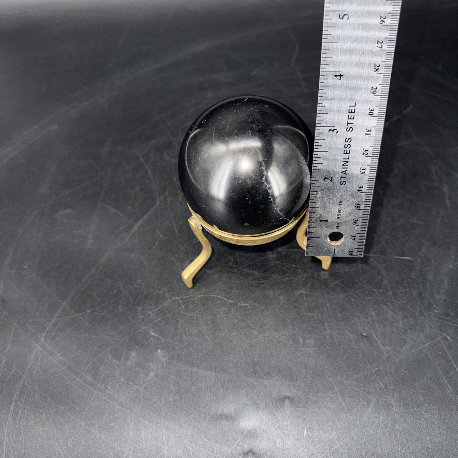 Vintage Black Obsidian 3.5” Ball Crystal Sphere Stone On Brass Base
