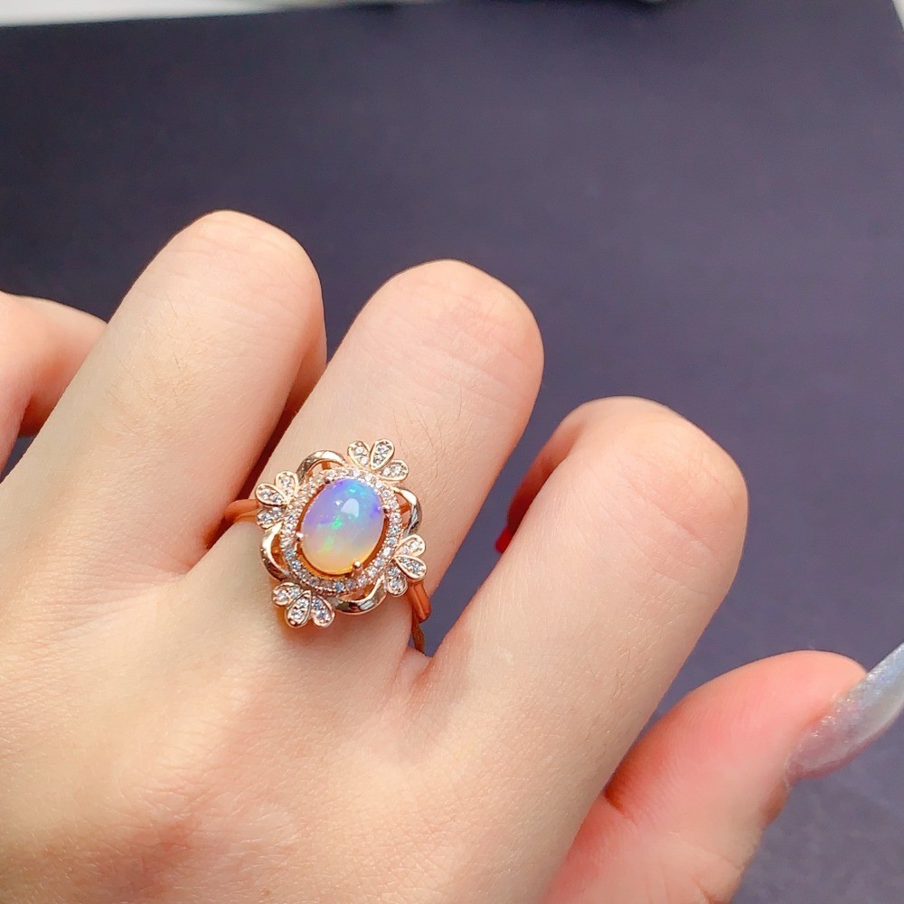 Natural Opal vintage open Adjustable ring Gemstone S925 Silver Plated18K Gold