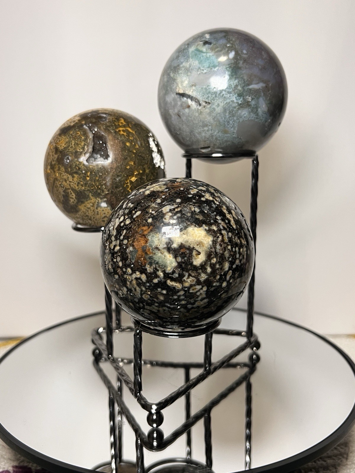 Ocean Jasper 3 Piece Sphere Set with Holder 63mm-67mm -See Pics for Measurements