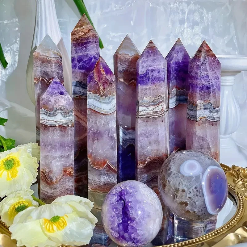 2Pcs Amethyst Agate Crystal Tower Reiki Healing Gemstone Obelisk Home Decor Gift