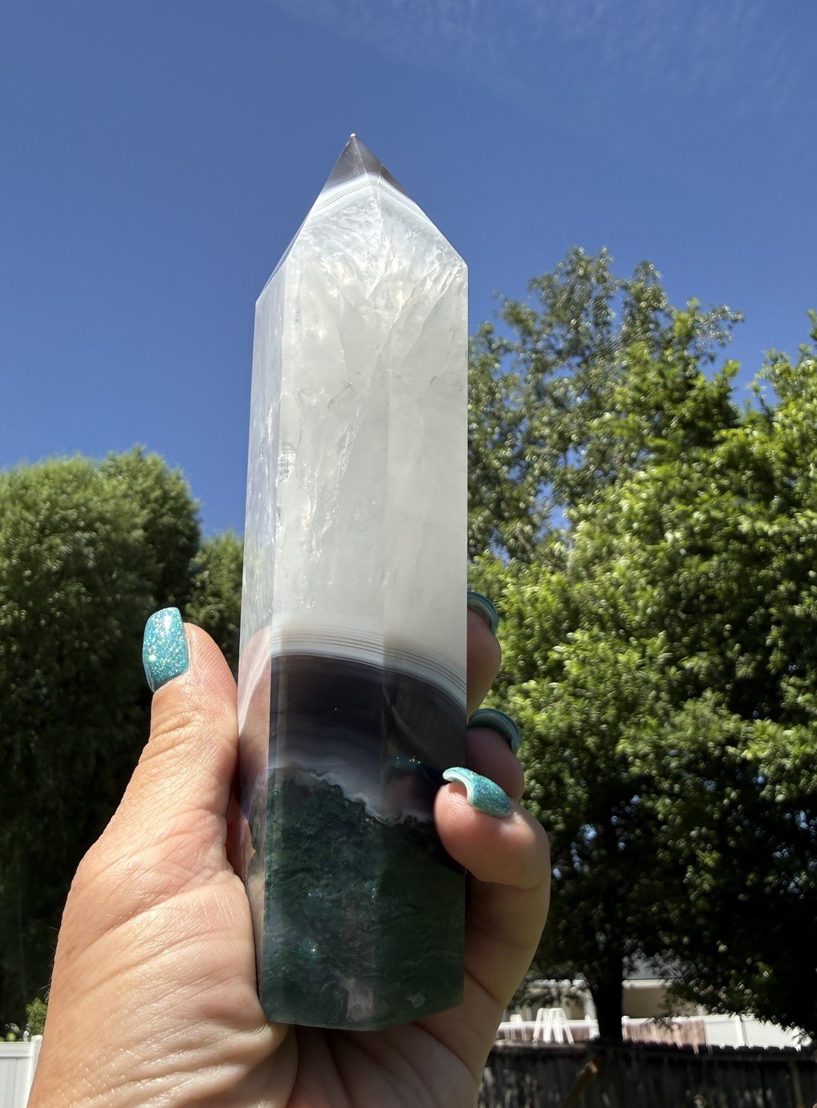 Large Natural Moss Agate in Quartz Crystal Tower White Plume Green Moss 6”