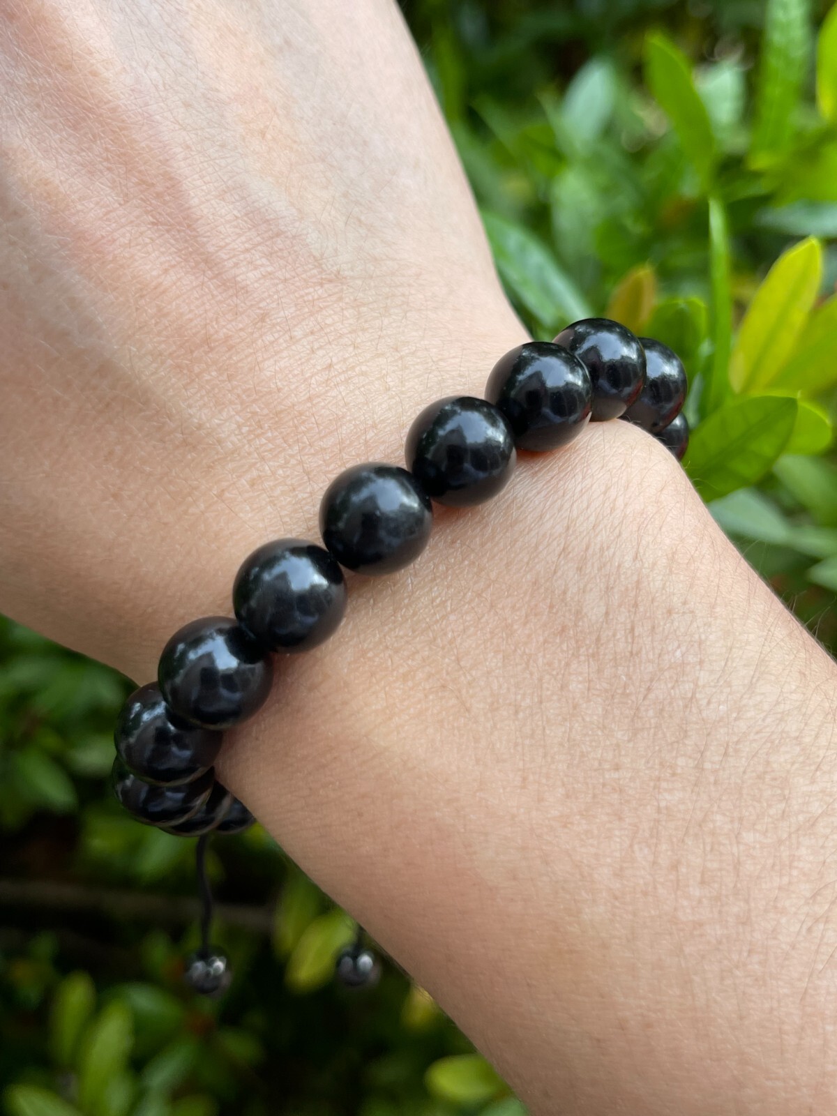 Grade A++ Jet Crystal Adjustable Bead Bracelet 10mm, Genuine Jet Gemstone