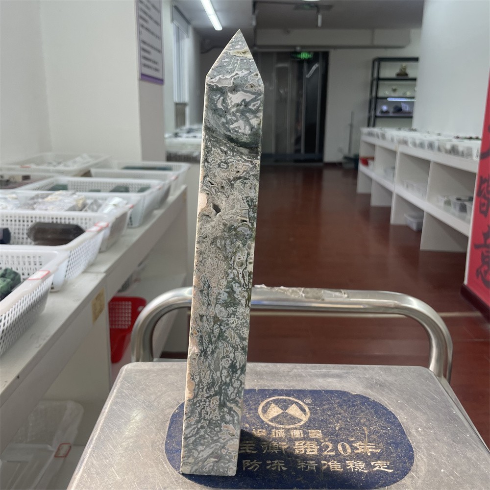 3.4LB 12.2″ Natural Moss Agate Obelisk Tower Crystal Quartz Point Mineral Reiki