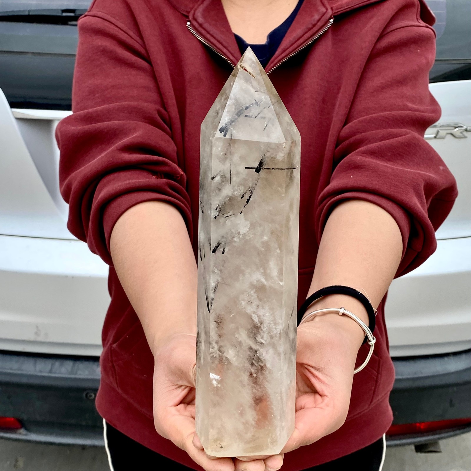 3.5LB Natural Black Hair Quartz Obelisk Crystal Energy Point Wand Reiki Decor