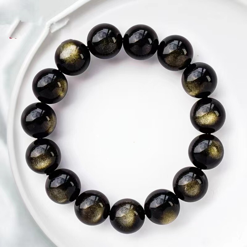 12mm Natural Gold Obsidian Gemstone Crystal Big Round Bead Bracelet AAAA