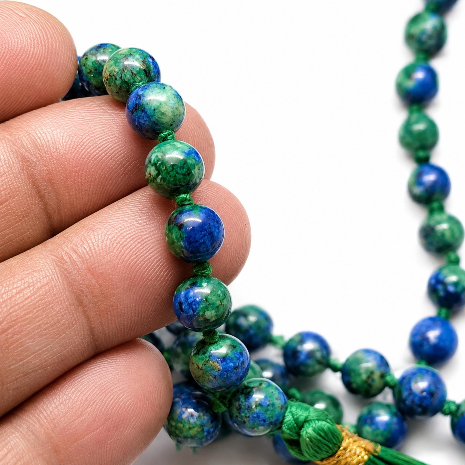 Chrysocolla Bead Necklace 43 Inch Knotted 8mm Gemstone Strand Tassel & Bag