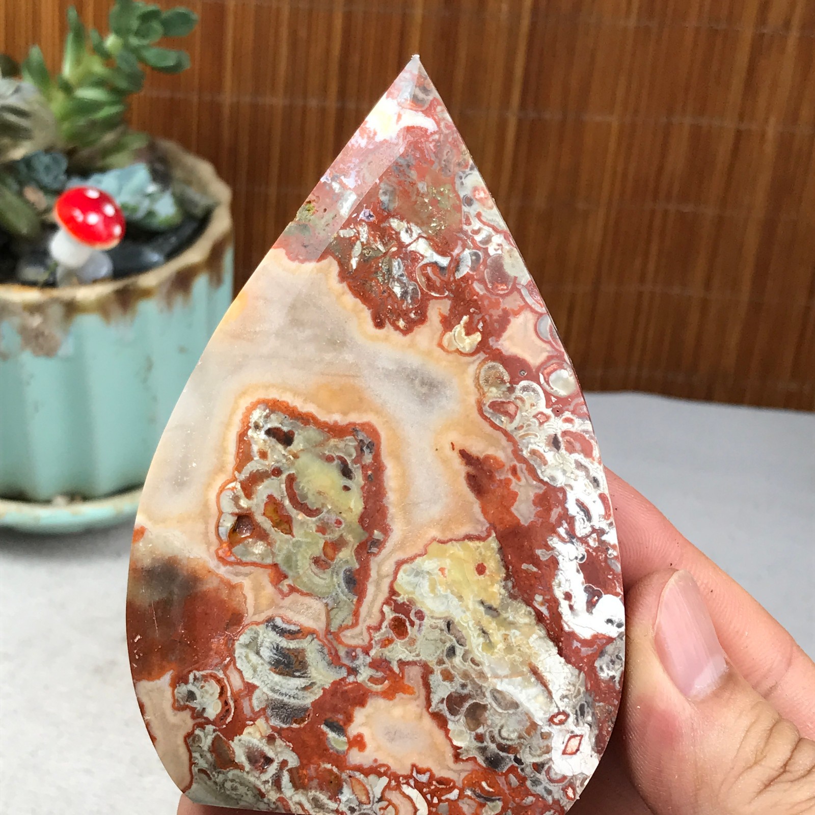 Natural money Mexico agate hand carve leaf Crystal Specimen free standing A6263