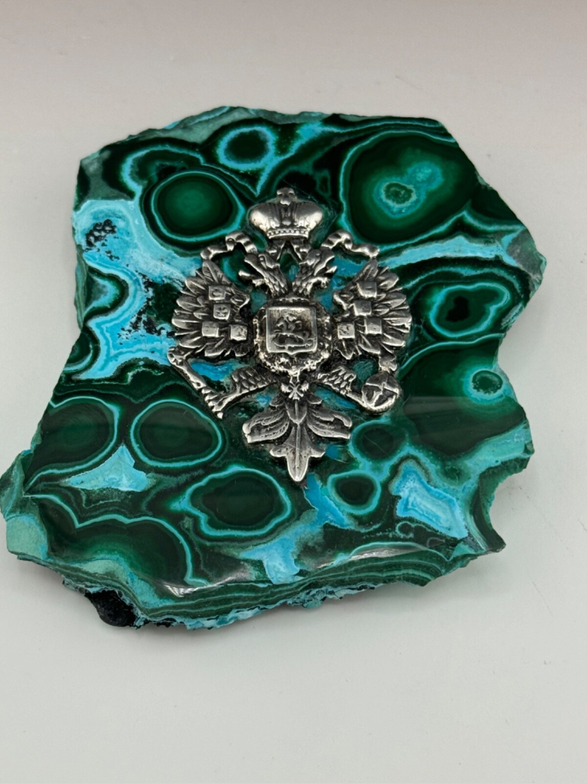 203gr Malachite Slab Sterling Silver Russian/Euro Double Headed Eagle Emblem