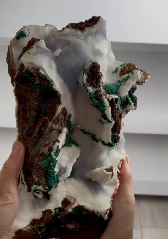 Sparkly Snow Chalcedony with Green Malachite – Rare Mineral Specimen