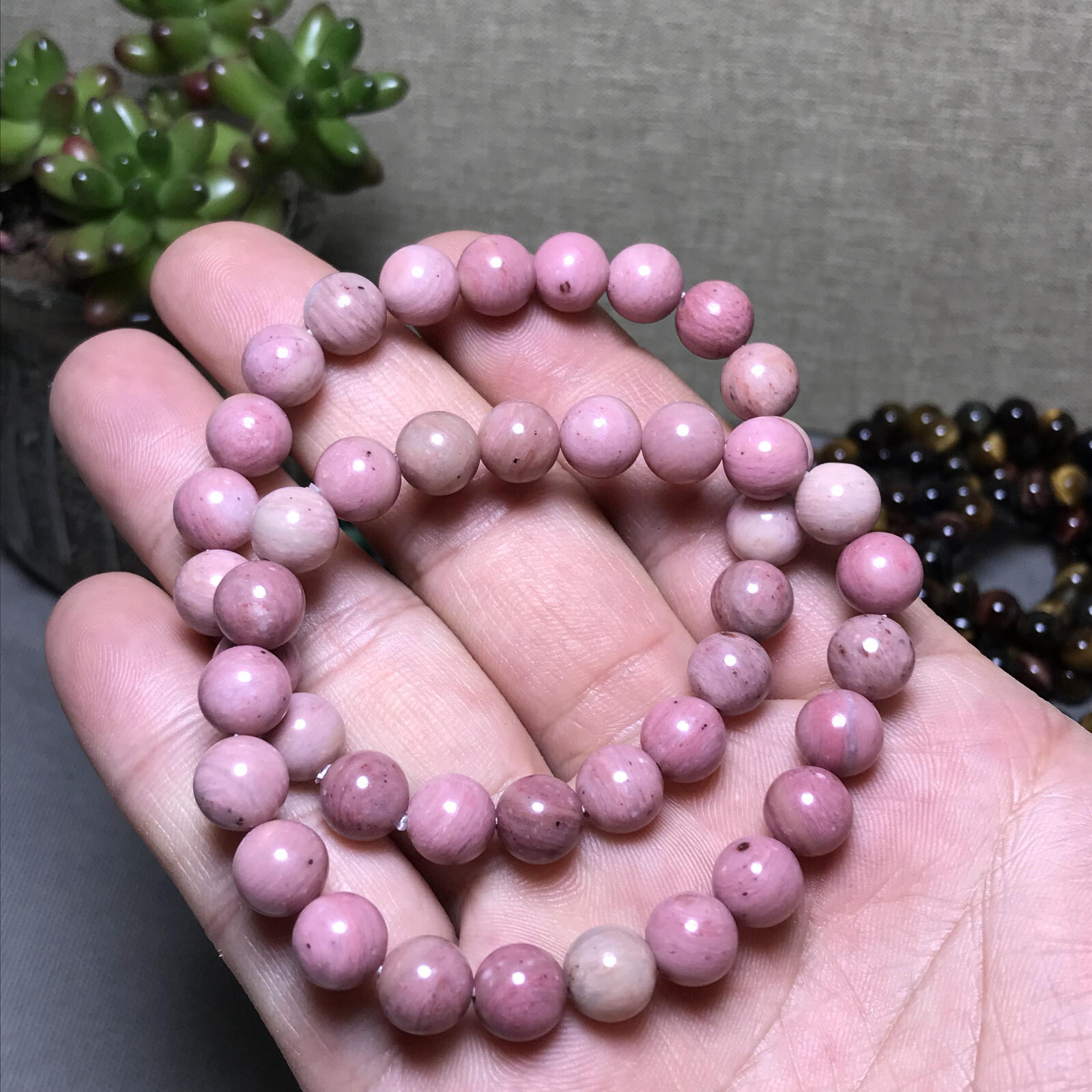 5Pcs Wholesal Natural Redwood pattern Pink bracelets Crystal ball sphere 8mm