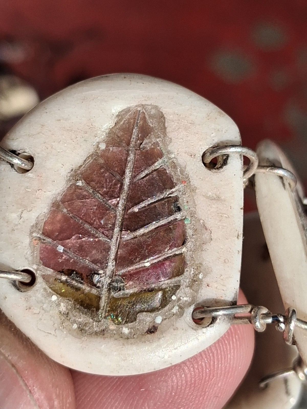 6 Inch Leaf Carved Watermelon Tourmaline In Water Buffalo Bone Bracelet