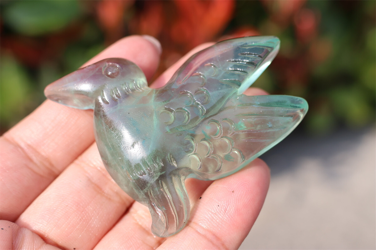 2.3” Carved Natural fluorite Hummingbird Crystal Skull decor reiki gift 1pc