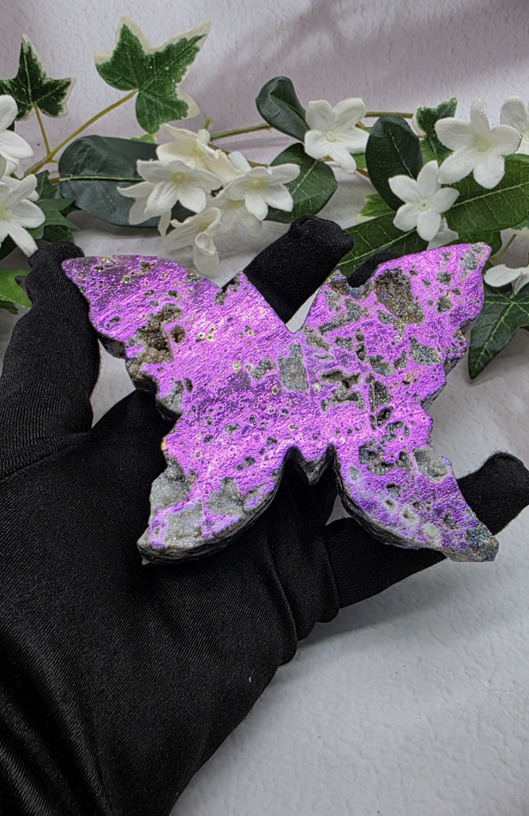 Druzy Aura Sphalerite Butterfly Carving | Rainbow Crystal Butterfly, Iridescent