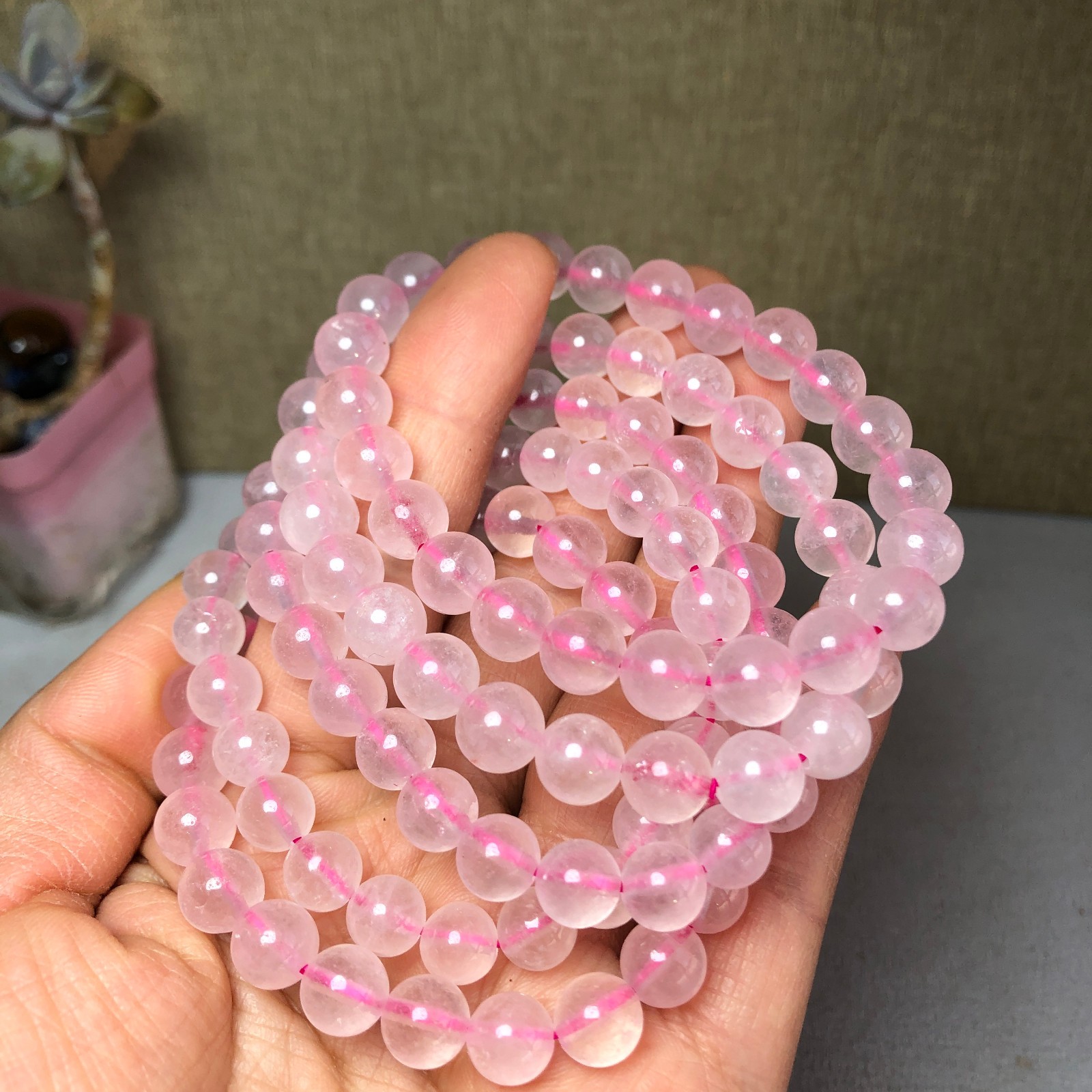 5pcs wholesale Natural pink Crystal rose Quartz chain beads bracelet 8mm A2782