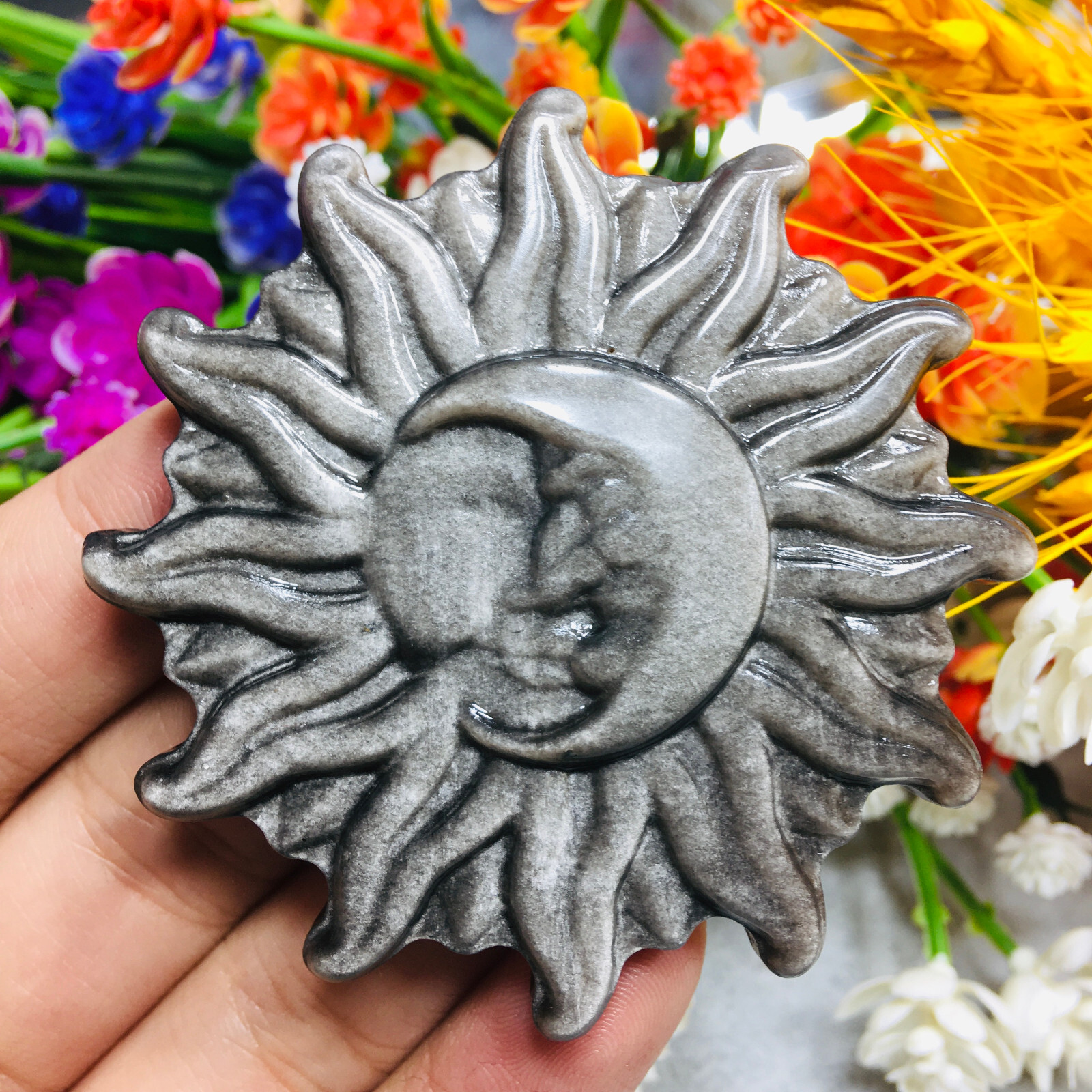 Natural Silver Obsidian Sun Moon Quartz Skull Crystal Specimen Reiki Healing 1pc