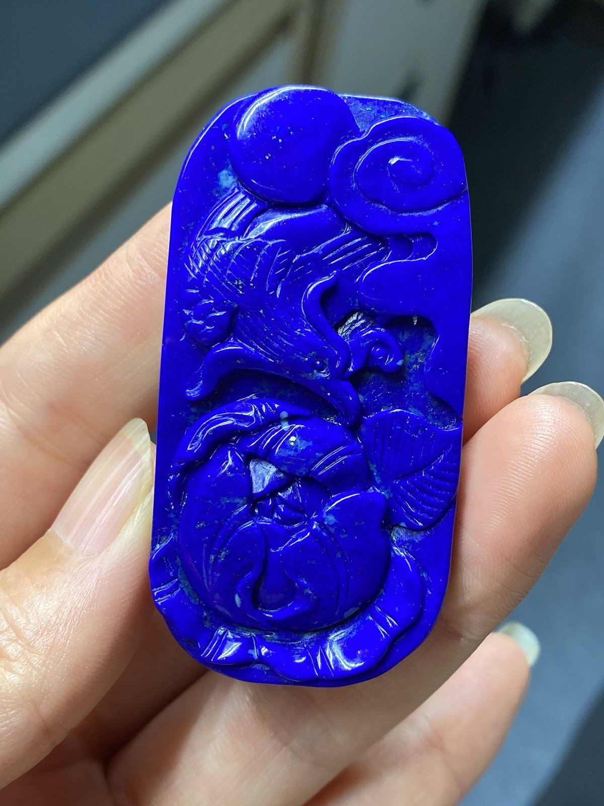 Elegant Royal Blue Ruyi Pendant Phoenix Peony Carving Ethnic Lucky Jewelry Decor