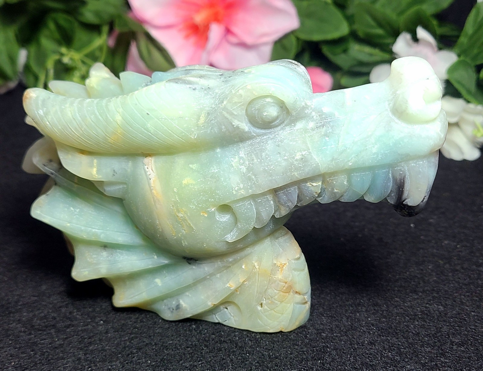5.2″ 422g Blue Caribbean Calcite Dragon Head Crystal Skull Stone Carving Statue