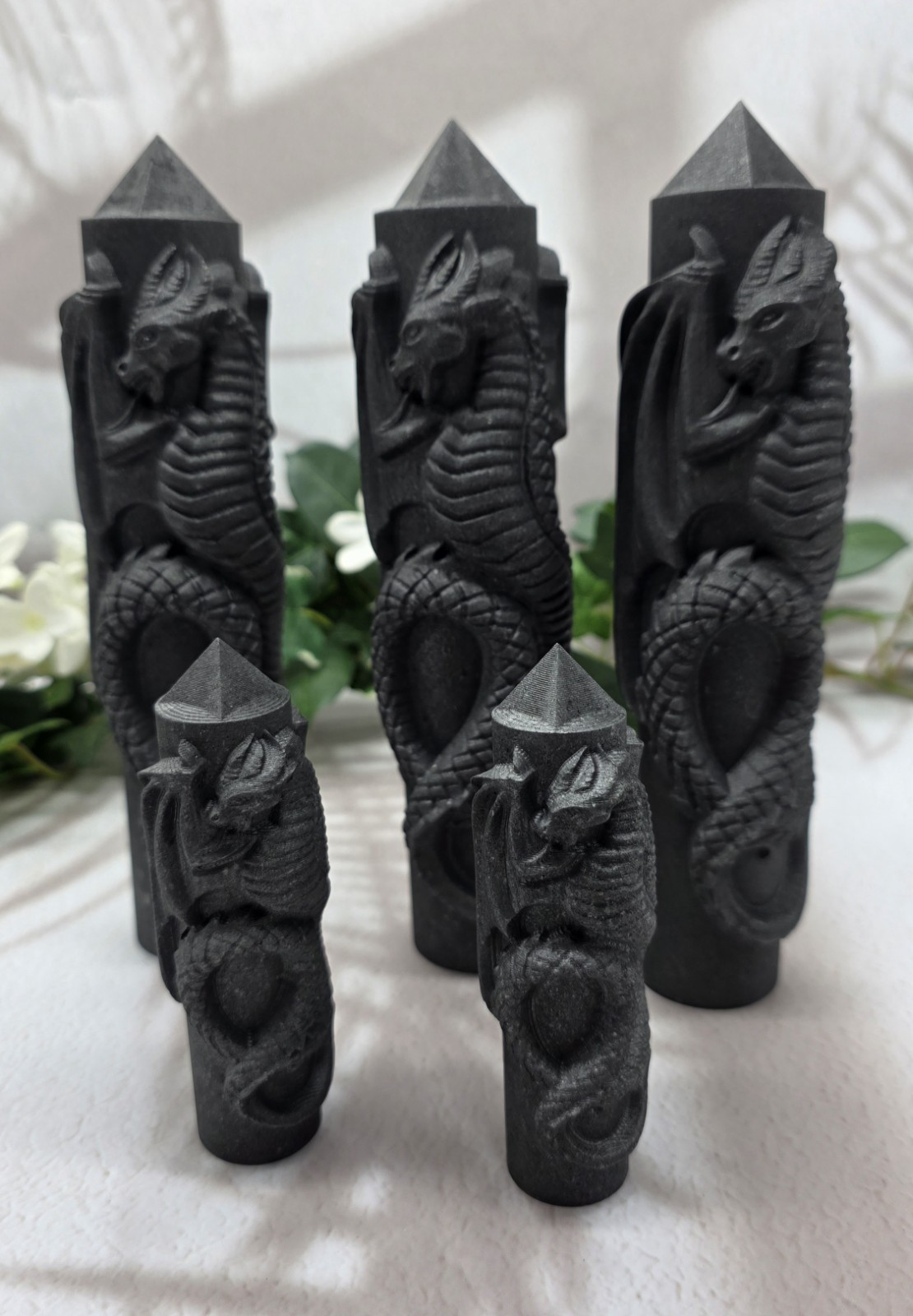 Shungite Dragon Towers Lot of 5 Hand Carved Dragon Obelisks, Protection Groundin