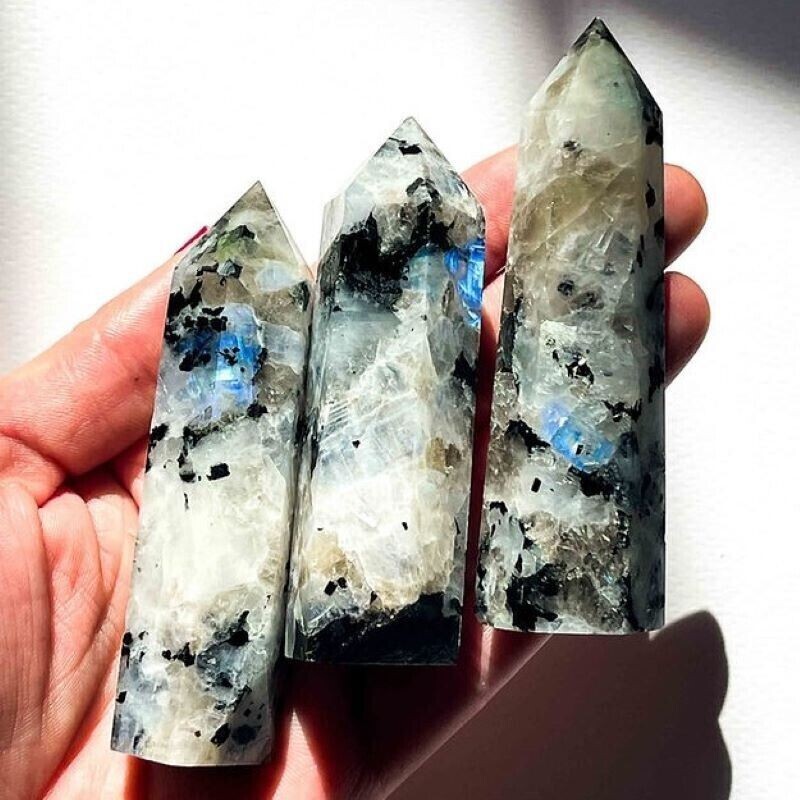 Natural Moonstone Tower Rainbow Healing Crystal Wand Obelisk Home Decor Specimen