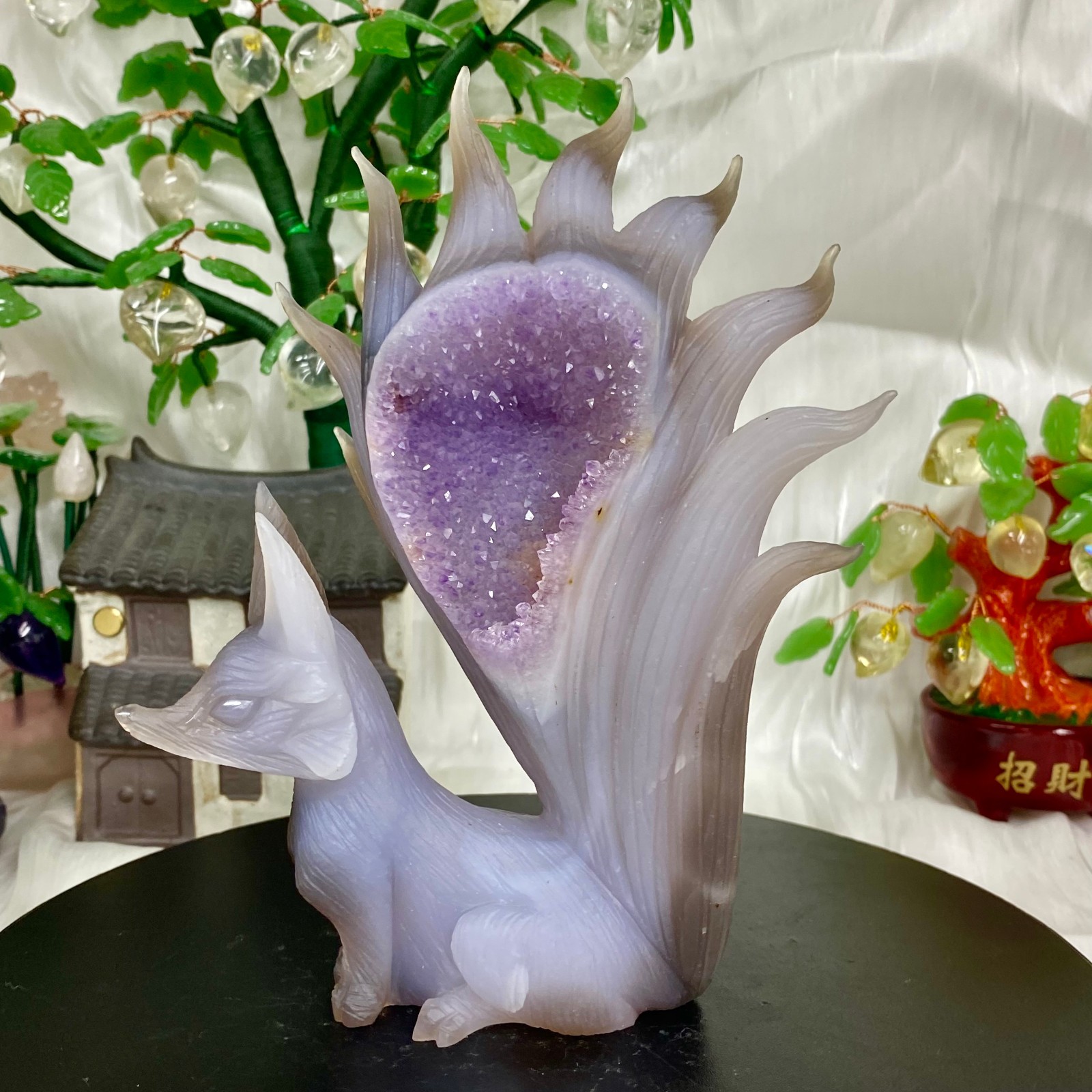 2.1LB Natural Amethyst Geode Hand Carved Nine-tailed Fox Quartz Crystal Decor
