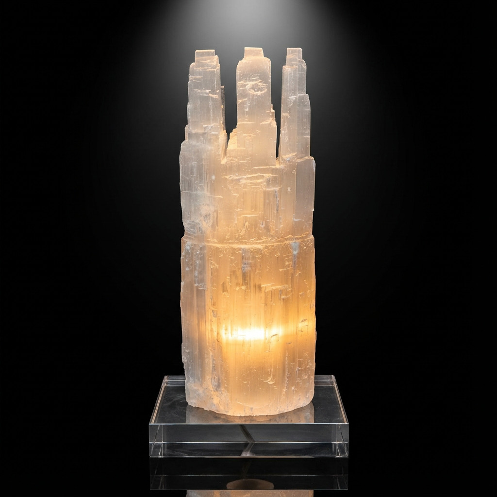 XX-LARGE SELENITE CRYSTAL TRIPLE TOWER LAMP – STANDING DISPLAY HEALING CRYSTAL