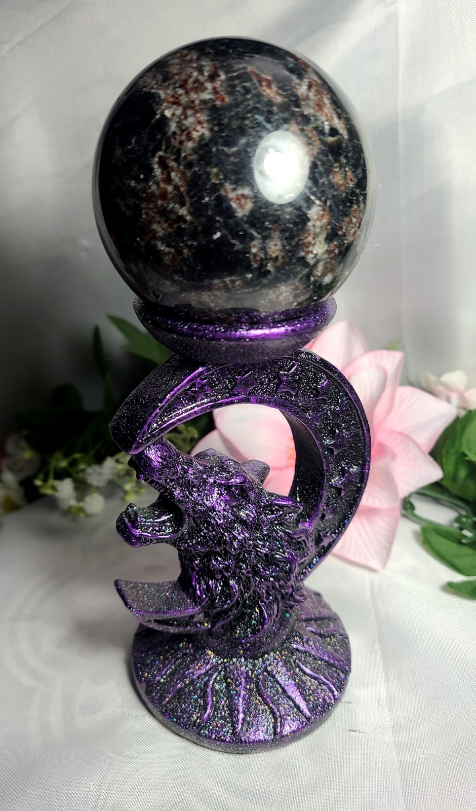 Sparkling Purple Wolf Crescent Moon Stars Resin Sphere Stand Crystal Ball Holder