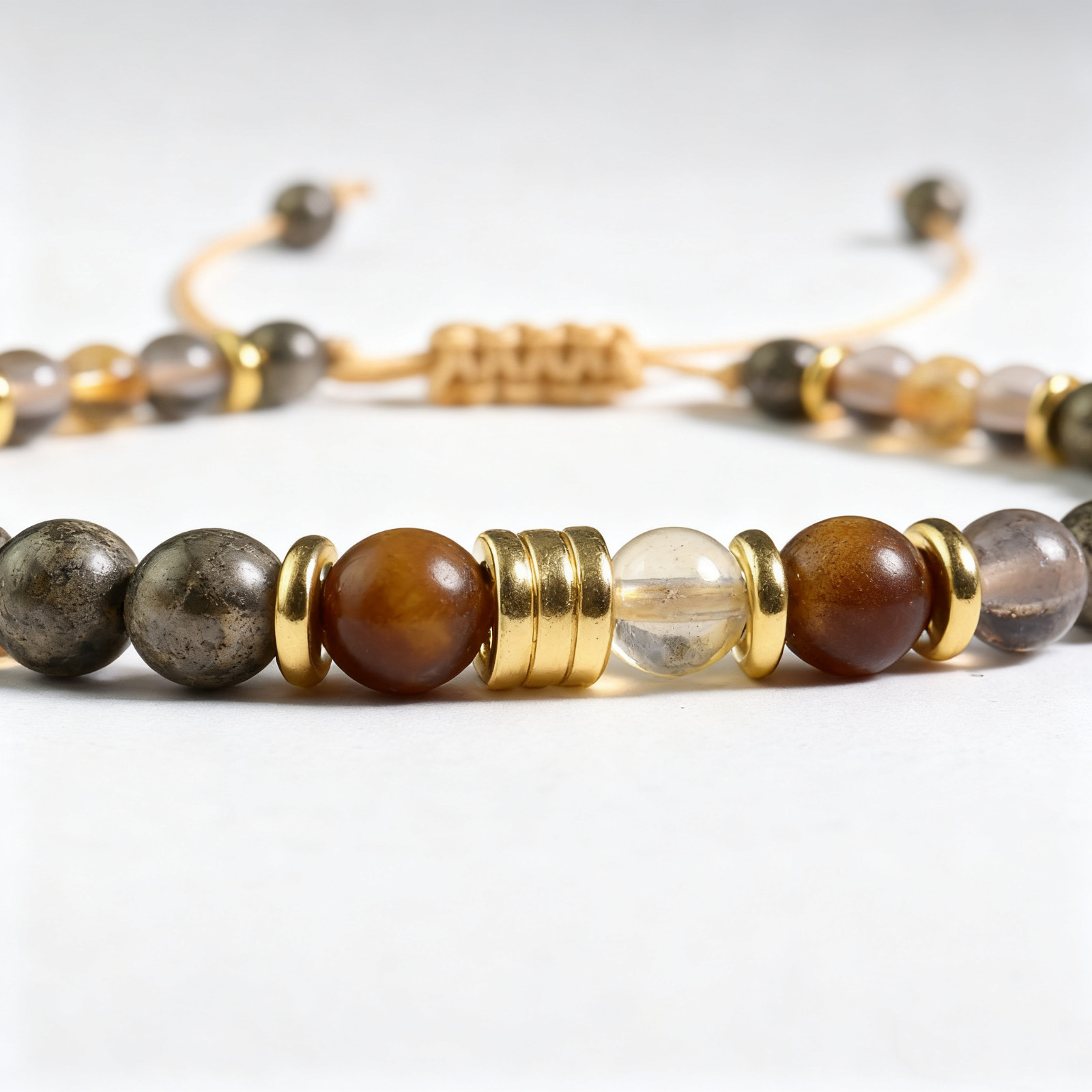 Natural Gemstone Healing Bracelet, Citrine Smoky Quartz Tiger Eye Pyrite, Energy