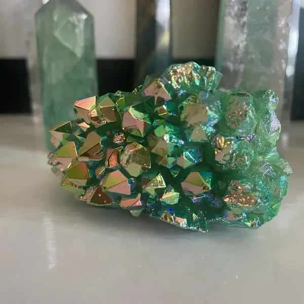 Raw Green Angel Aura Cluster Titanium Geode Quartz Healing Crystal Specimen Gift