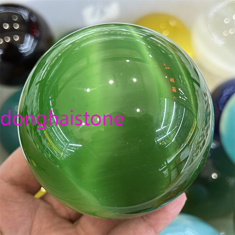 73mm+ Green Cat’s eye Carved Ball Quartz Crystal Sphere Figurines Healing 1PC