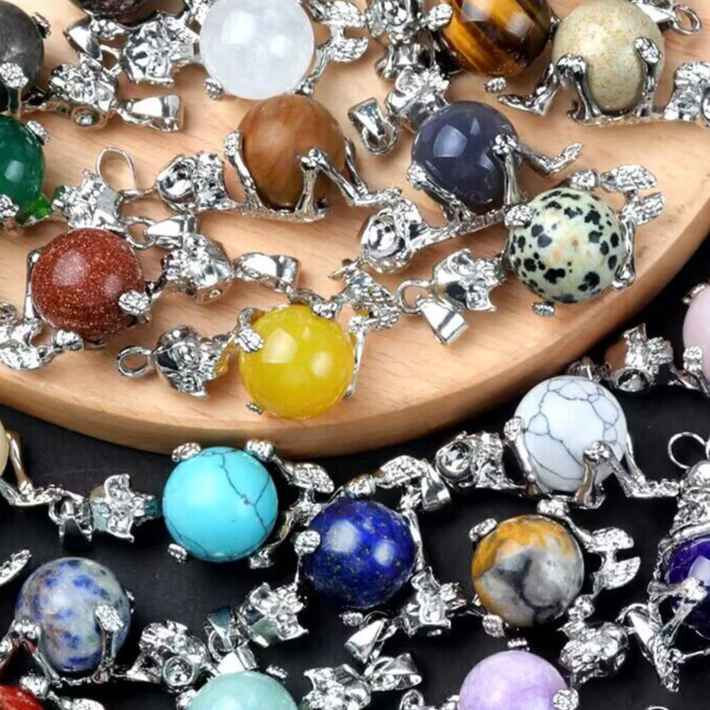 Skeleton Healing Crystal Ball Bead Unisex Alloy Skull Pendant Necklace Gothic