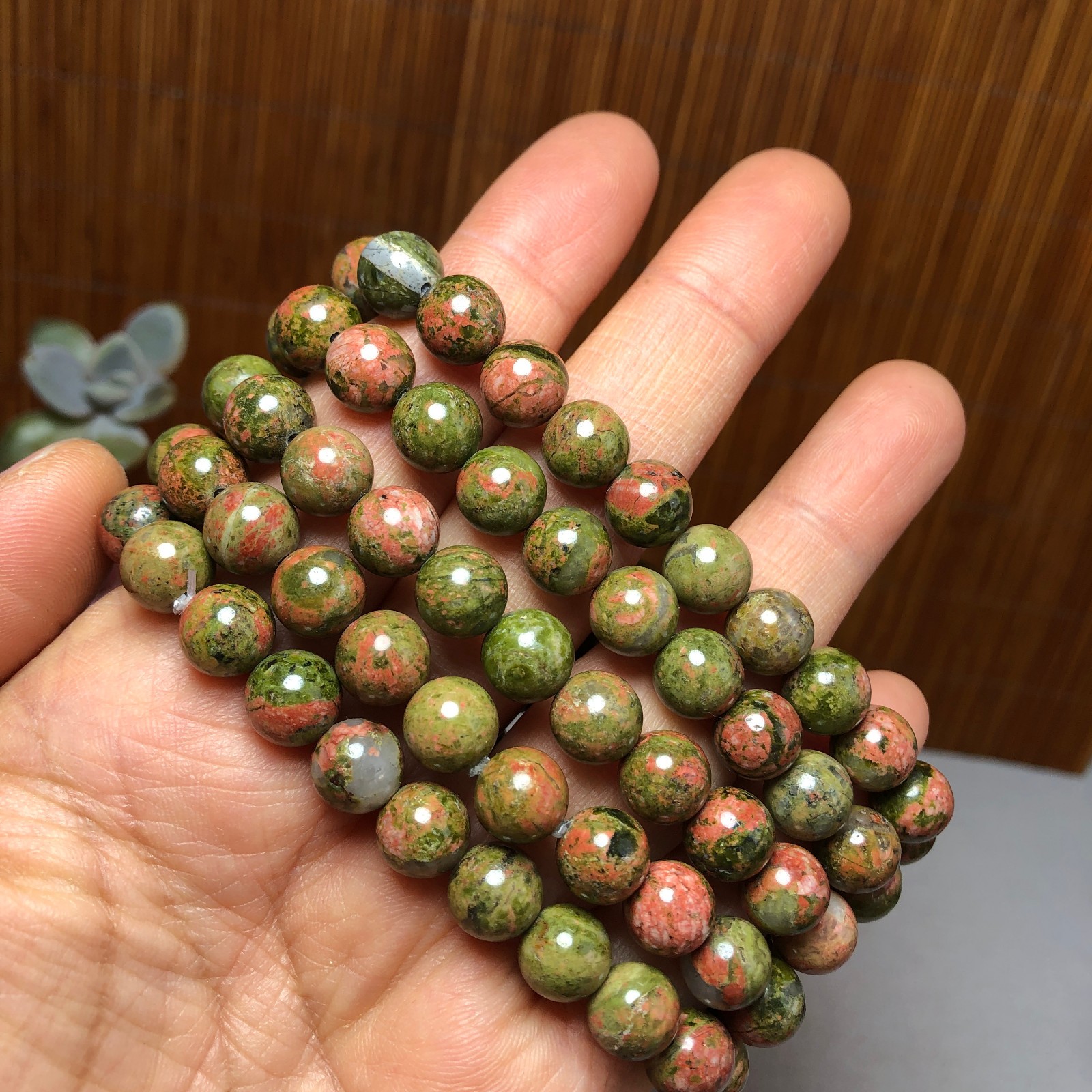 5Pcs Wholesal Natural Polish Unakite stone bracelets Crystal ball 8mm A3424