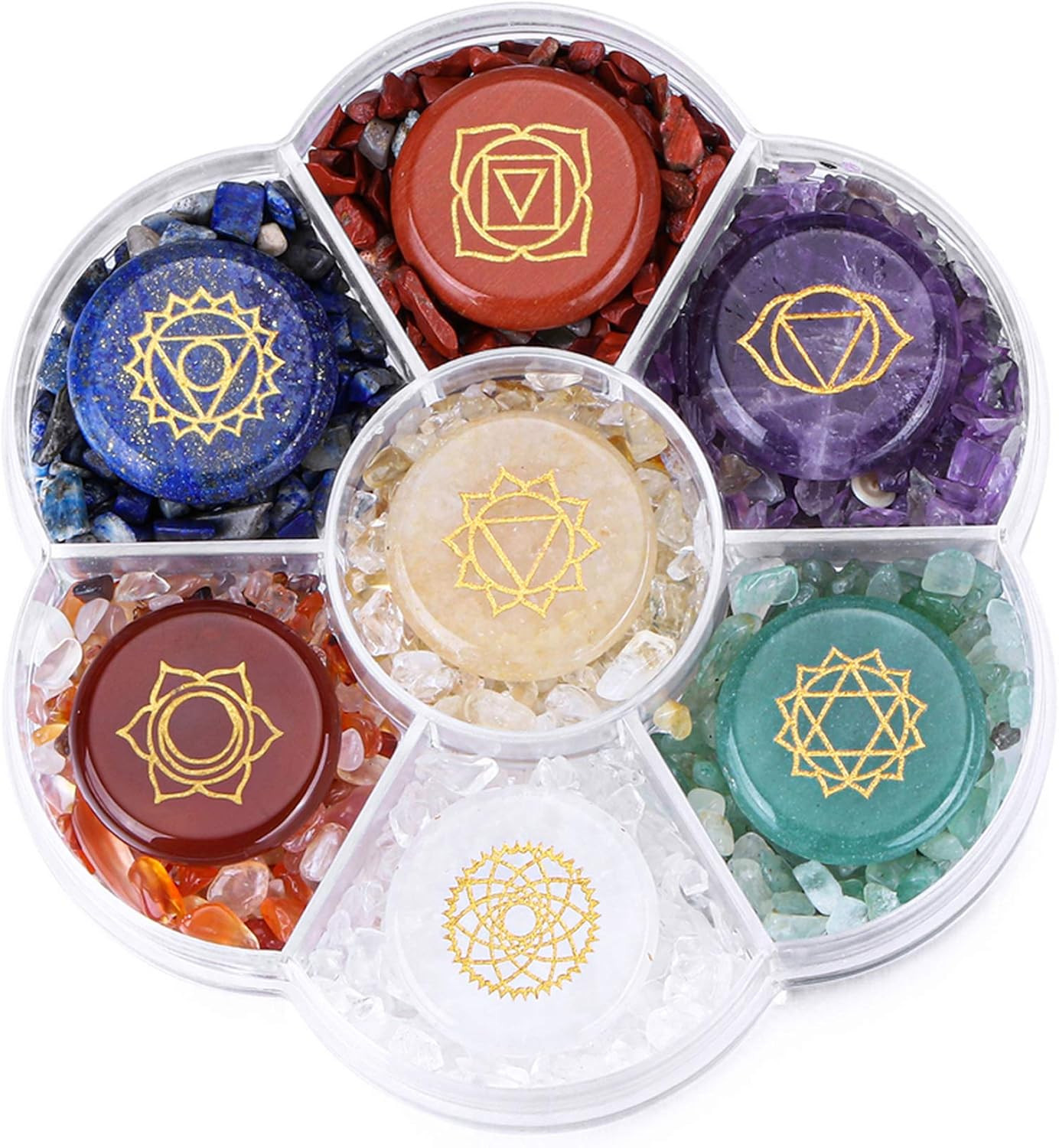 7 Chakra Crystal Stones Set Engraved Symbols Tumbled Polished Reiki Wicca Gift