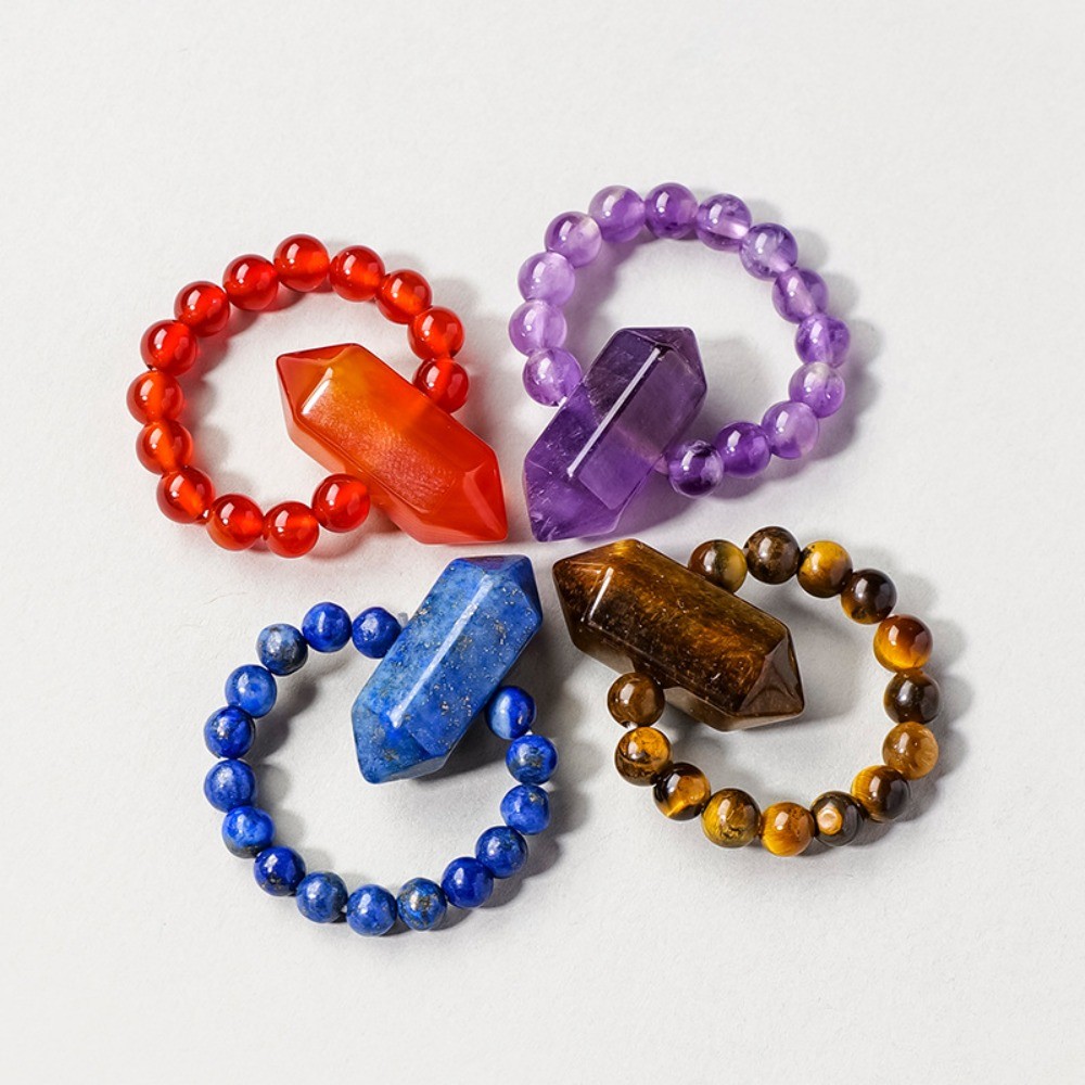 Natural Crystal Beaded Double Terminated Point Ring Healing Chakra Jewelry Gift