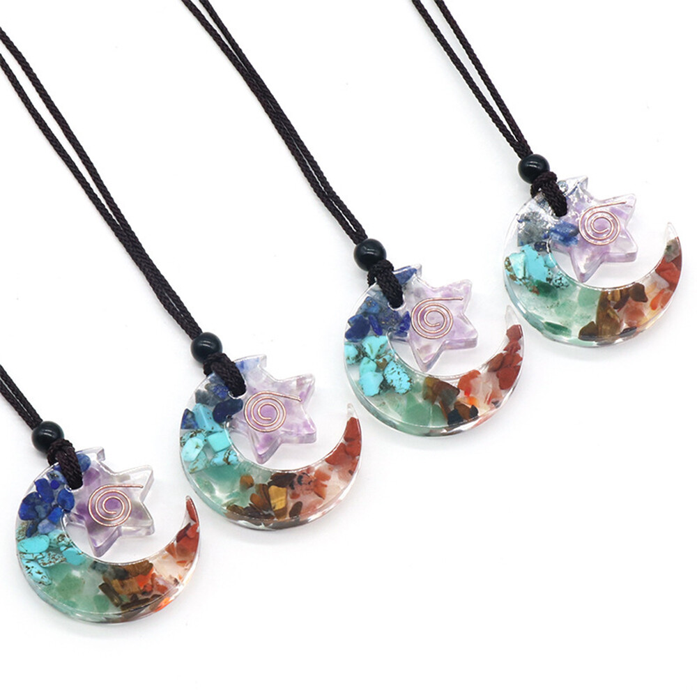 1PC Chakra Star Moon Pendant Necklace Epoxy Resin Chips Crystal Orgone Organite
