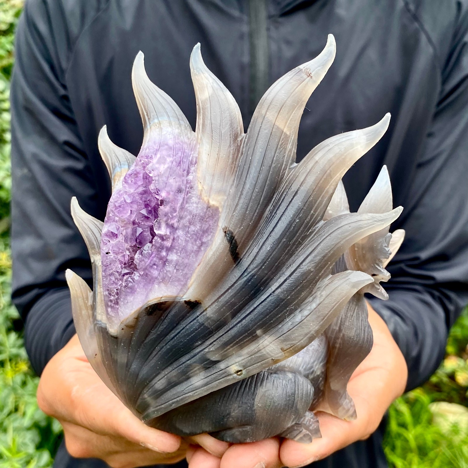 1.4LB Natural Amethyst Geode Hand Carved Nine-tailed Fox Quartz Crystal Decor