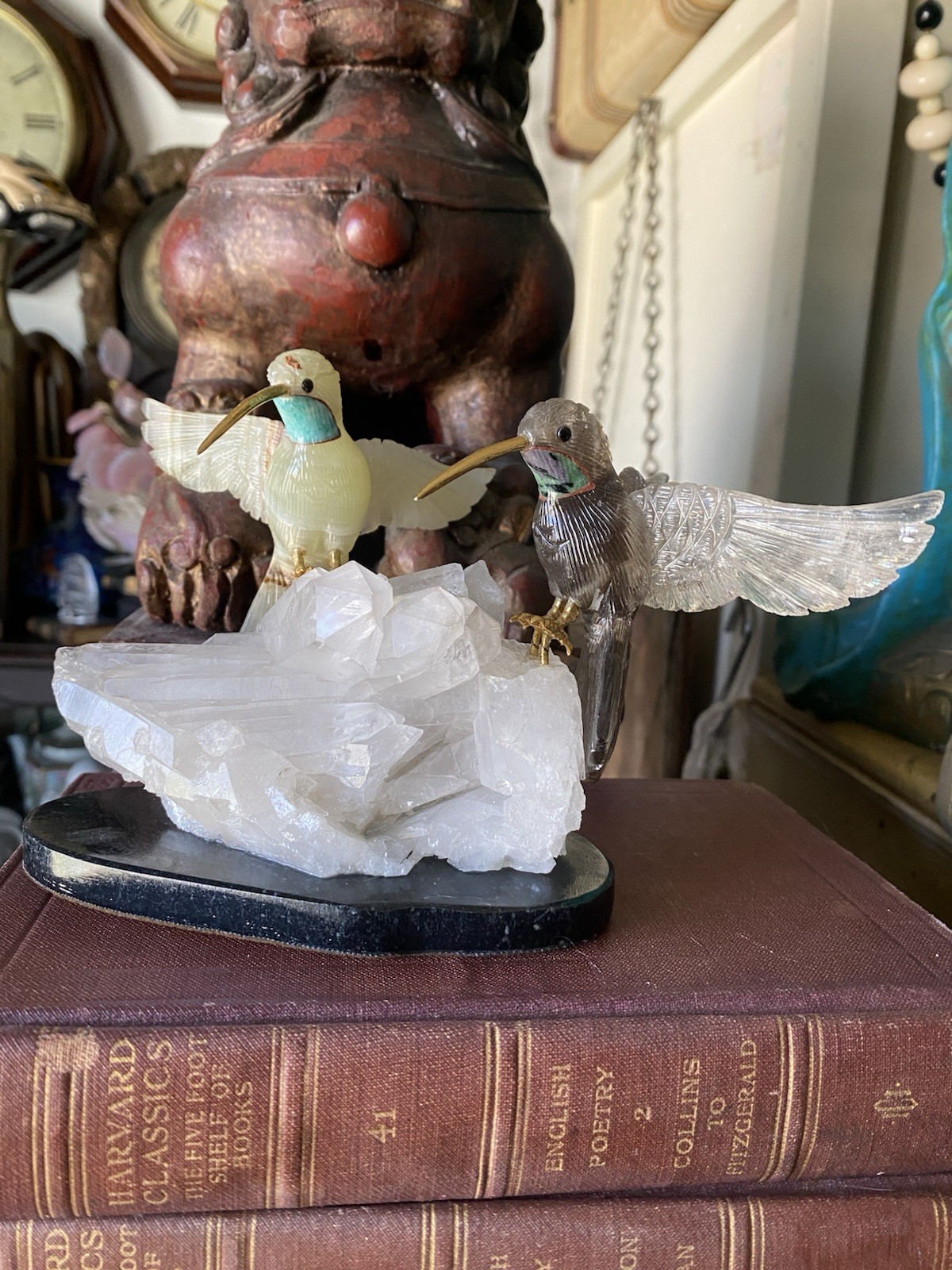 Peter Muller Hand Carved Smokey Quartz, Marble, Quartz Hummingbirds On Quartz