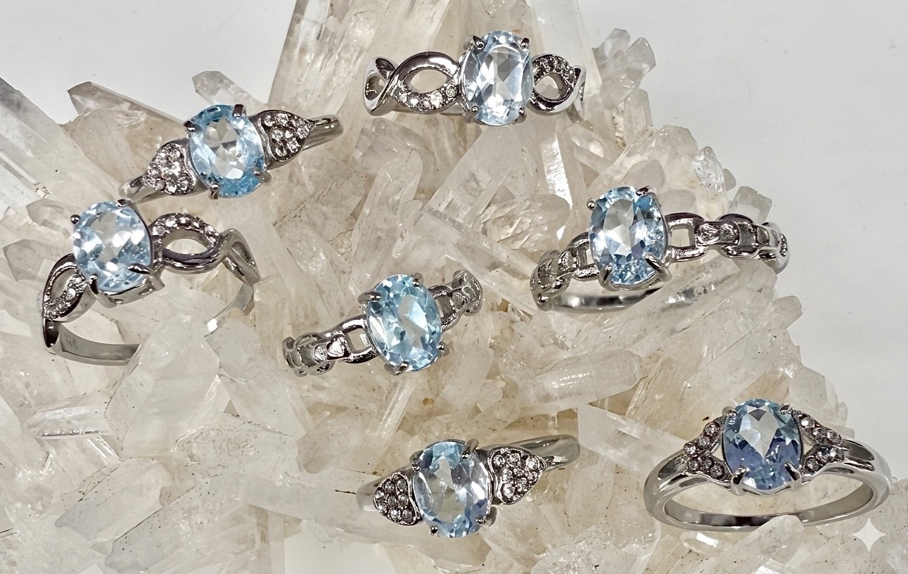 Wholesale 7 Pcs Natural Blue Topaz Stainless Steel(316) Rings Crystal 7x9mm