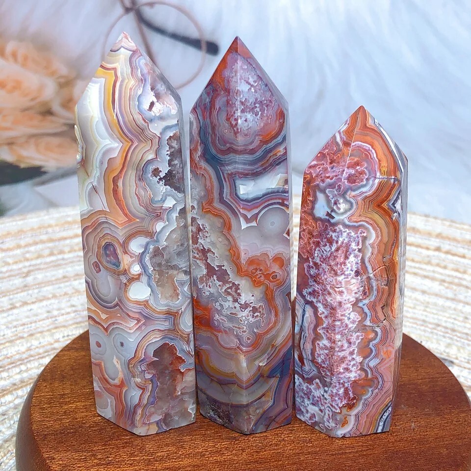 Crazy Lace Agate Crystal Point Tower Natural Stone Home Office Desk Decor Gift