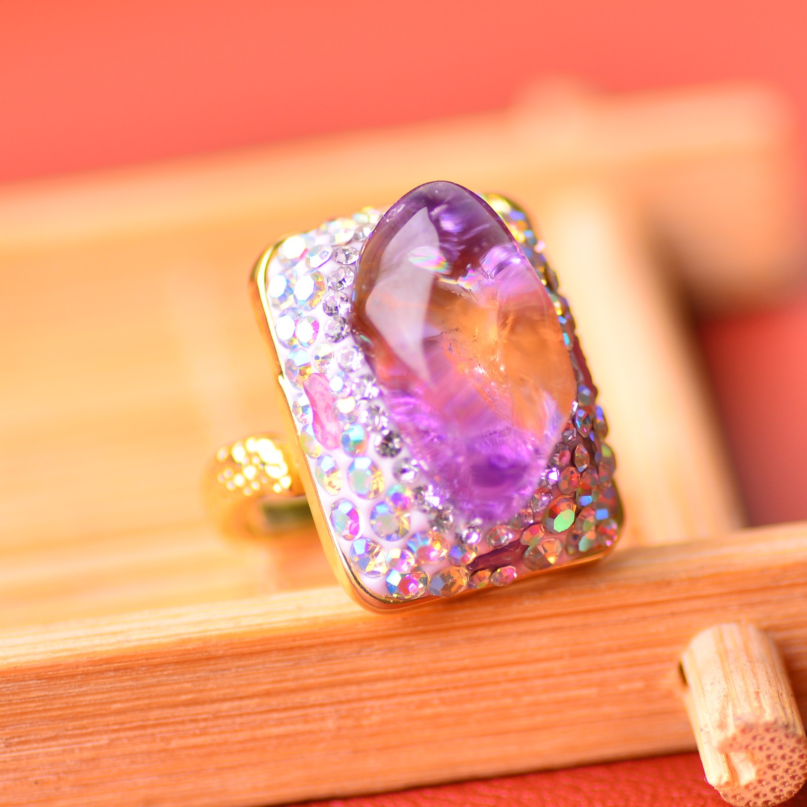 Amethyst and citrine ring, alloy inlaid with handmade gemstone Energy Crystal