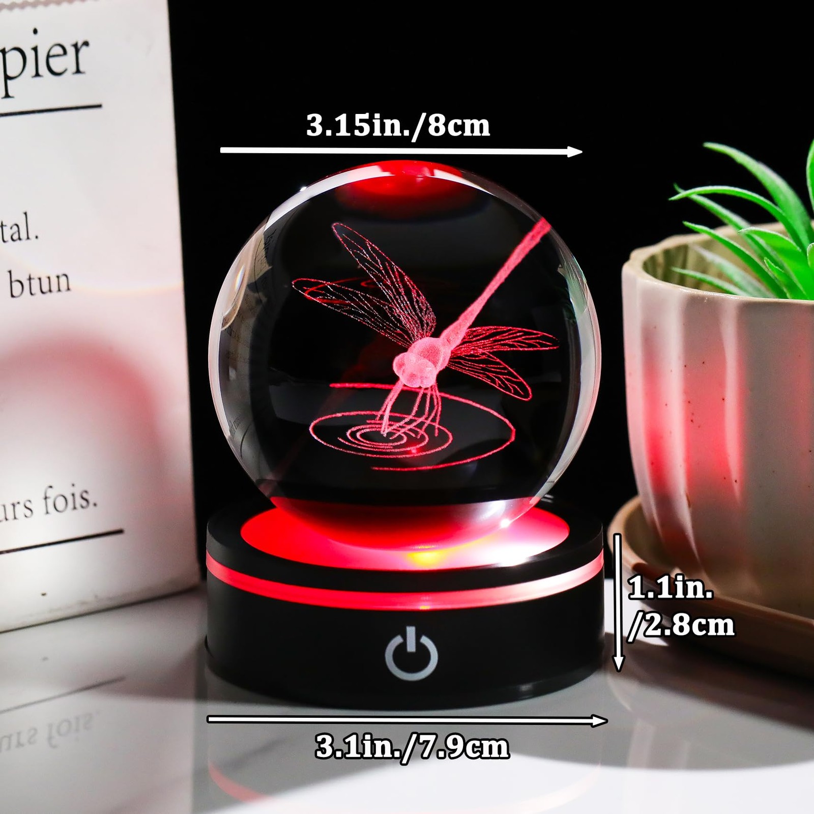 YWHL Crystal Ball 3D Dragonfly Figurine with LED Base, 3.15 inches,